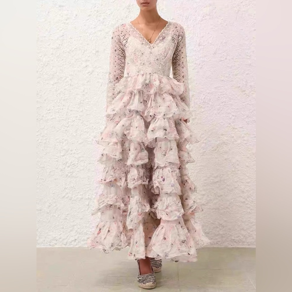 Designer-Style Lace Ruffle Maxi Dress